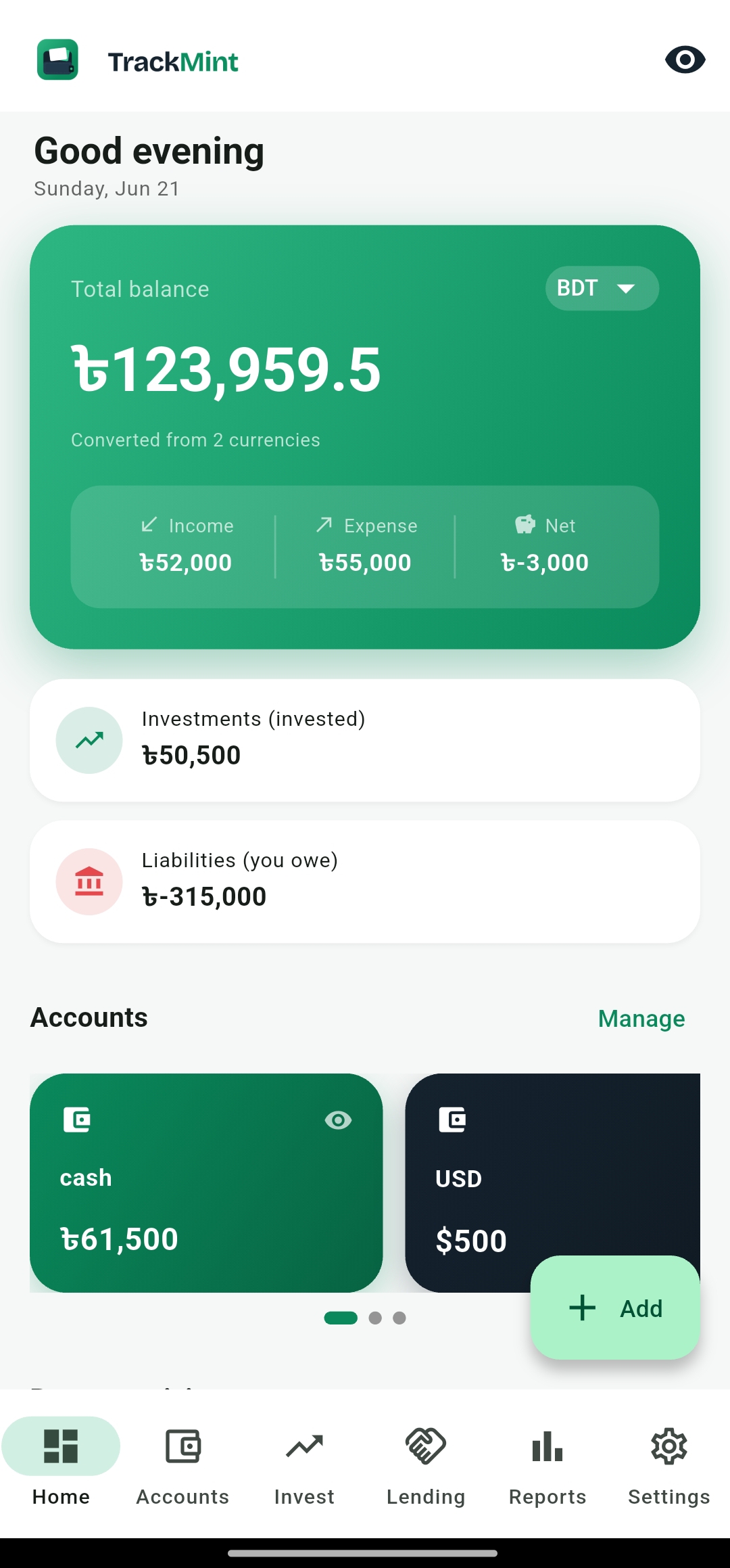 TrackMint home dashboard showing total balance, income, expenses and accounts