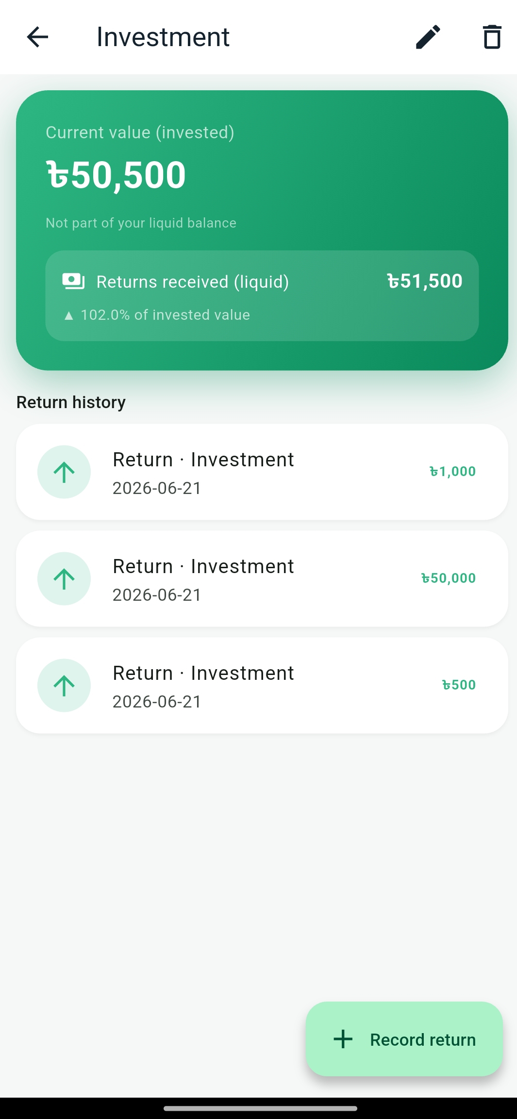 Investment returns screen