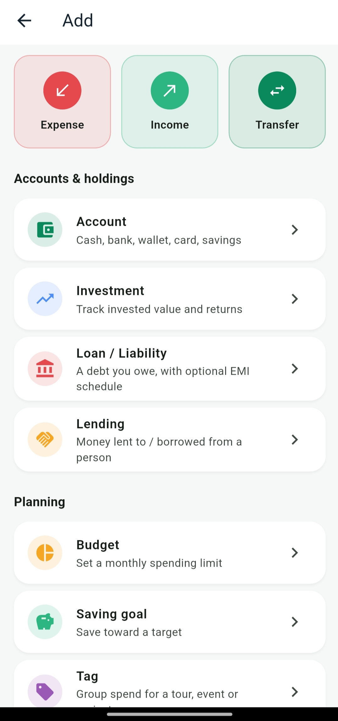 Add menu: expense, income, transfer and more