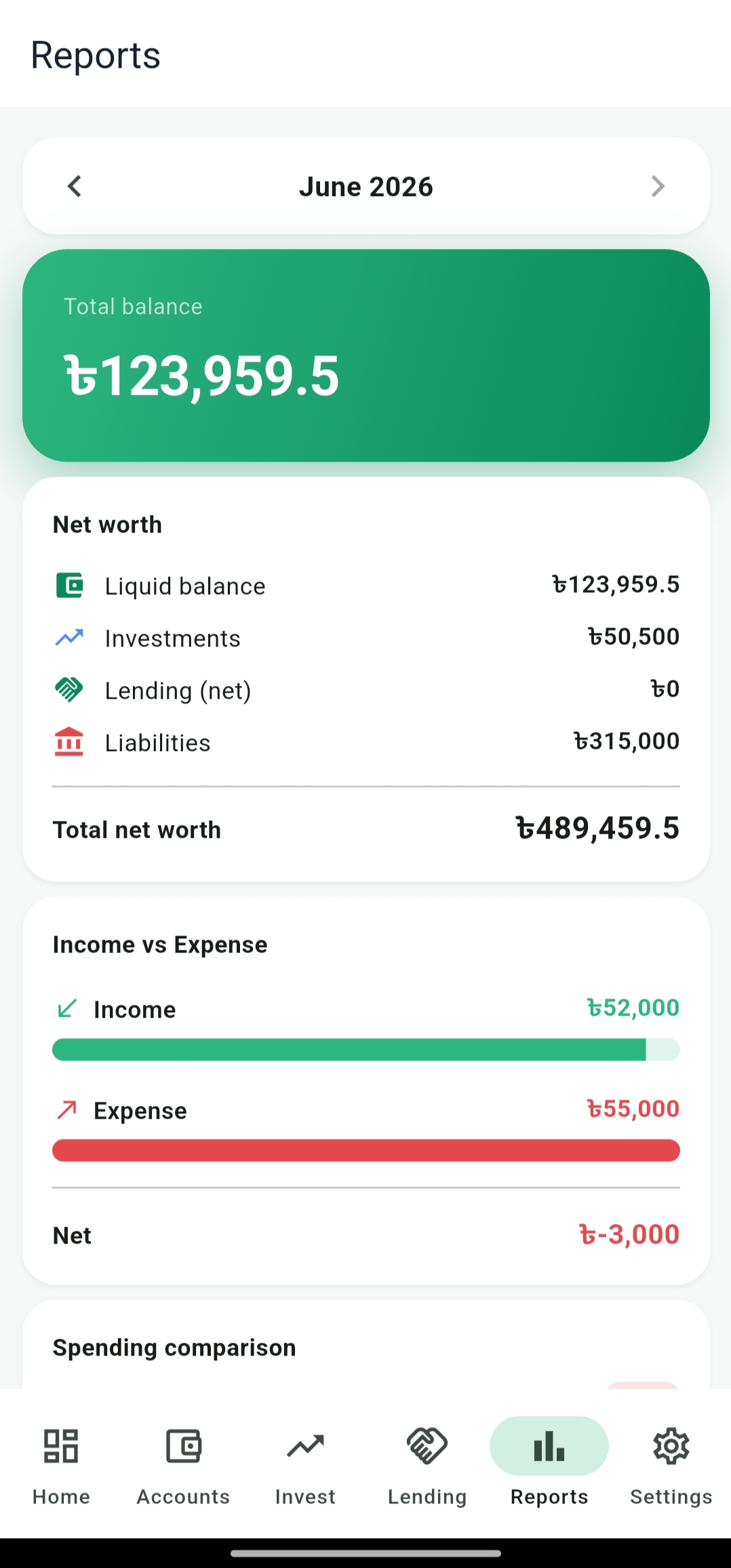 TrackMint monthly reports with net worth and income vs expense