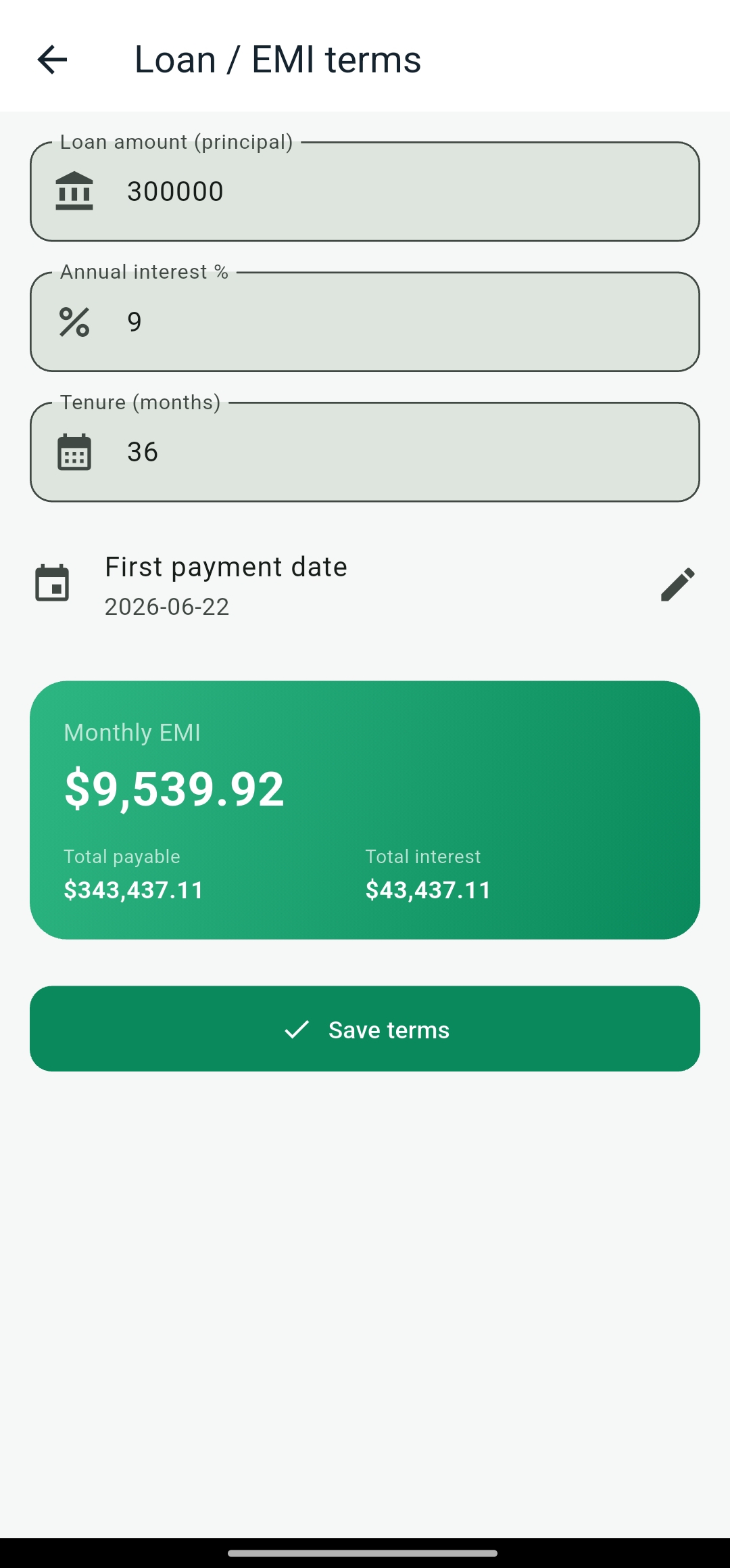 Loan and EMI terms screen